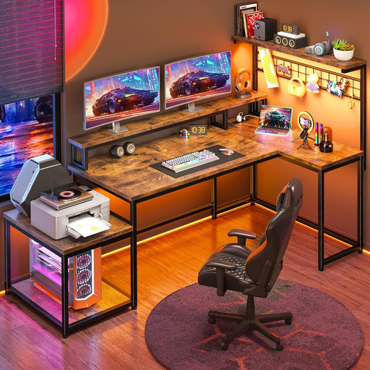 56" L Shaped Desk with Power Outlets & LED Lights for Bedroom,Brown