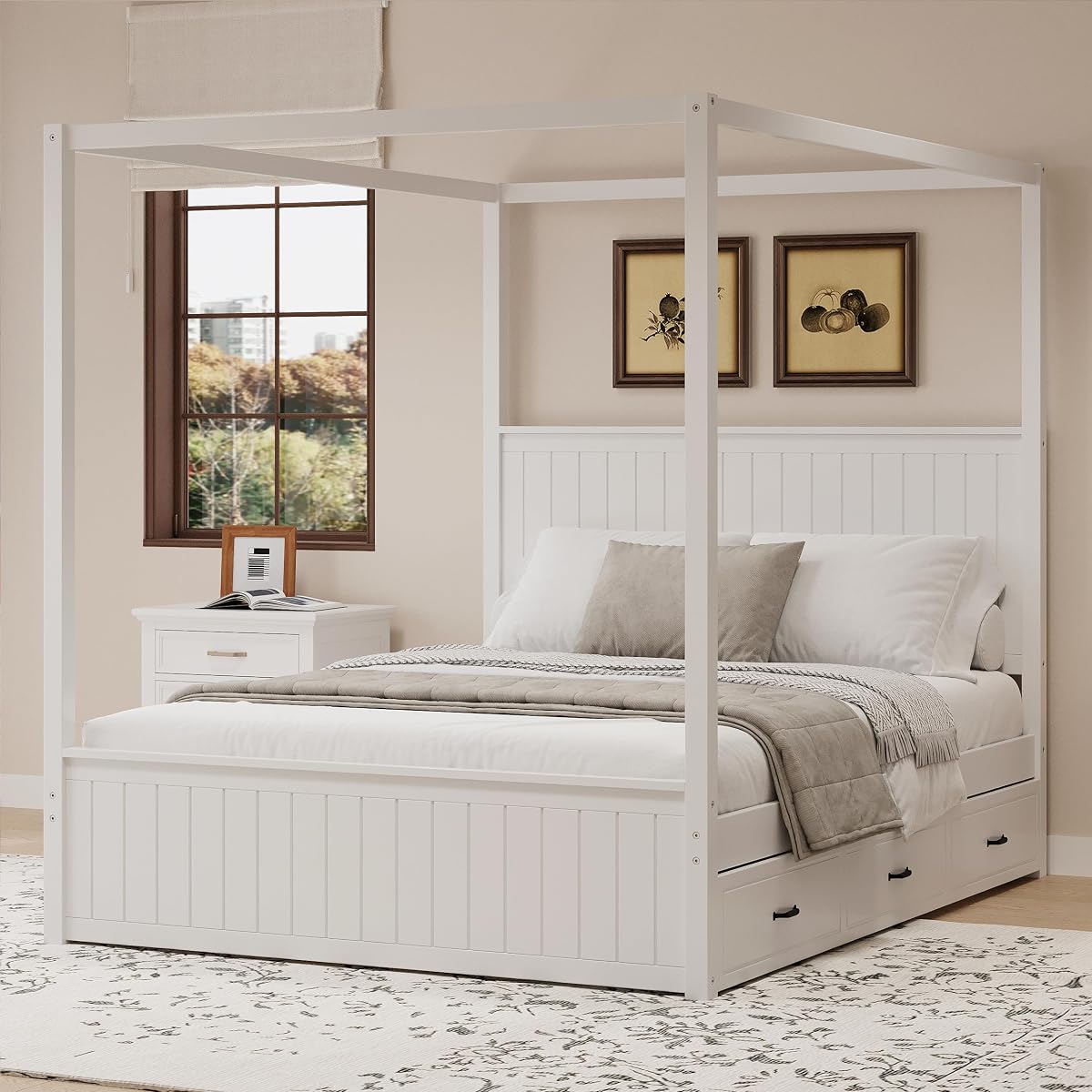 Queen Size Canopy Bed with Trundle and 3 Storage Drawers