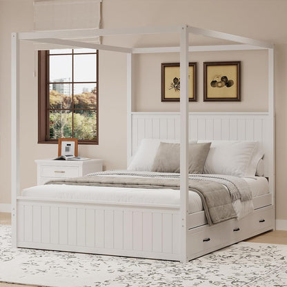 Queen Size Canopy Bed with Trundle and 3 Storage Drawers