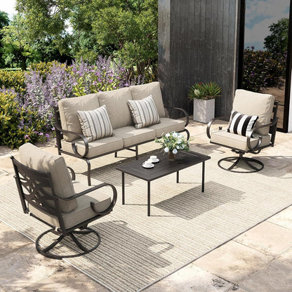 Patio Conversation Set for 5, 3-Seater Sofa, 2 Swivel Chairs and a Coffee Table, Metal Outdoor Furniture with 5.75" Extra Thick Cushion, Beige