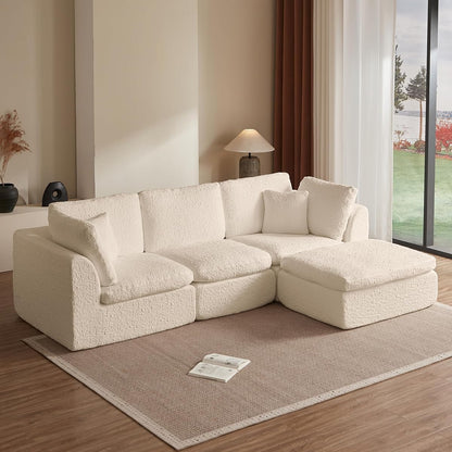 110" Cloud Sectional Couches for Living Room, Convertible L Shape Couch with Ottoman, 3 Seater Modular Sectional Sofa, Warm White Beige