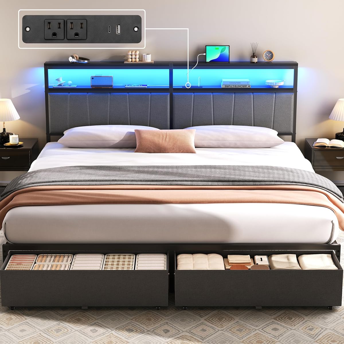 King Bed Frame with Storage Drawers and Charging Station, Grey