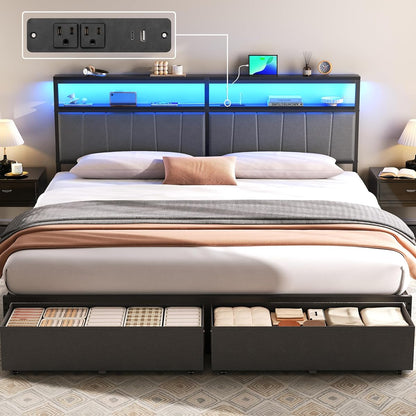 King Bed Frame with Storage Drawers and Charging Station, Grey