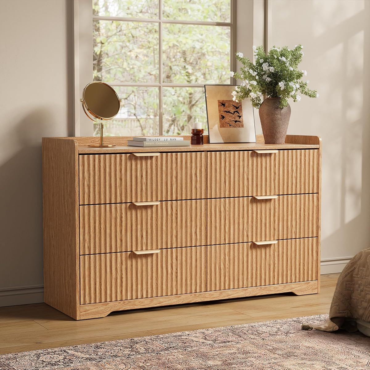 Fluted Dresser for Bedroom 6-Drawer Chest of Drawers, Natural Oak