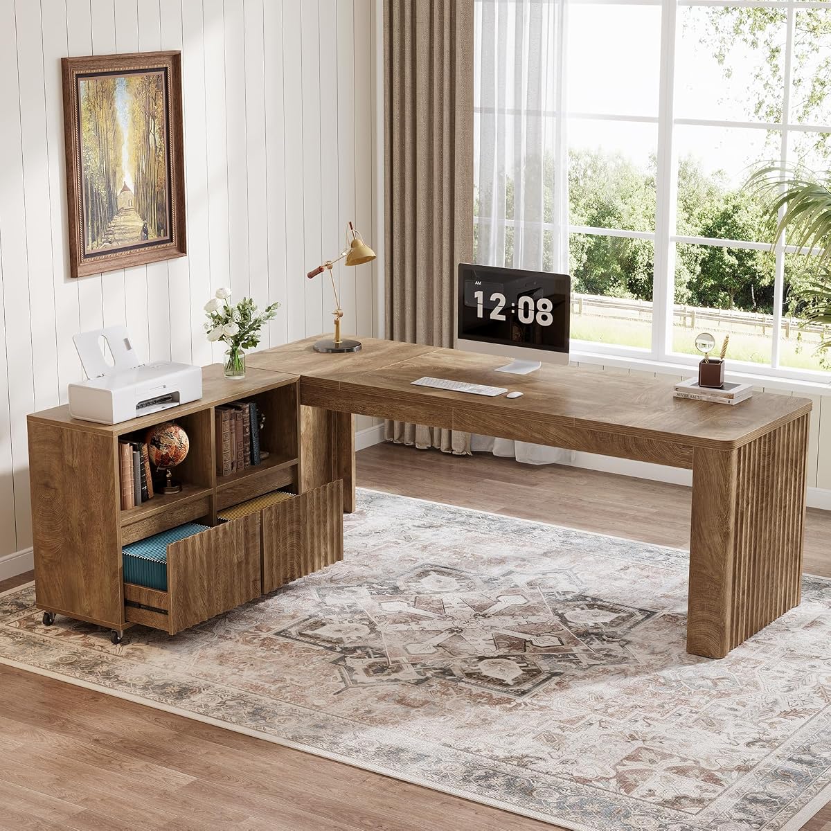 78" L-Shaped Executive Desk with Modular Rolling File Cabinet