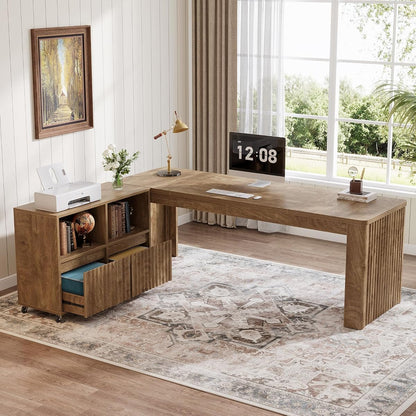 78" L-Shaped Executive Desk with Modular Rolling File Cabinet