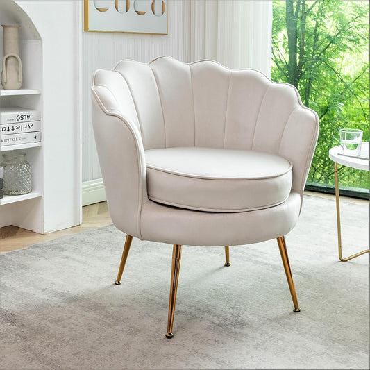 Velvet Barrel Accent Chair with Scalloped Silhouette and Gold Metal Legs, Decorative Piece Suitable for Traditional, Modern, and Contemporary Spaces, Ivory