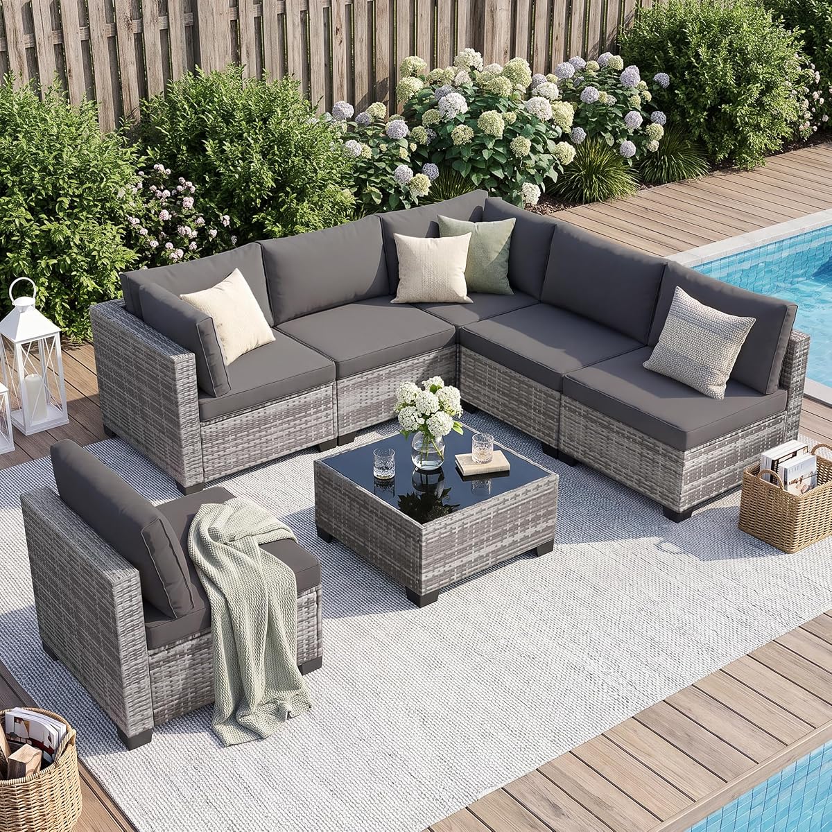 7 Piece Patio Furniture Set, Outdoor Wicker Sectional Sofa Set