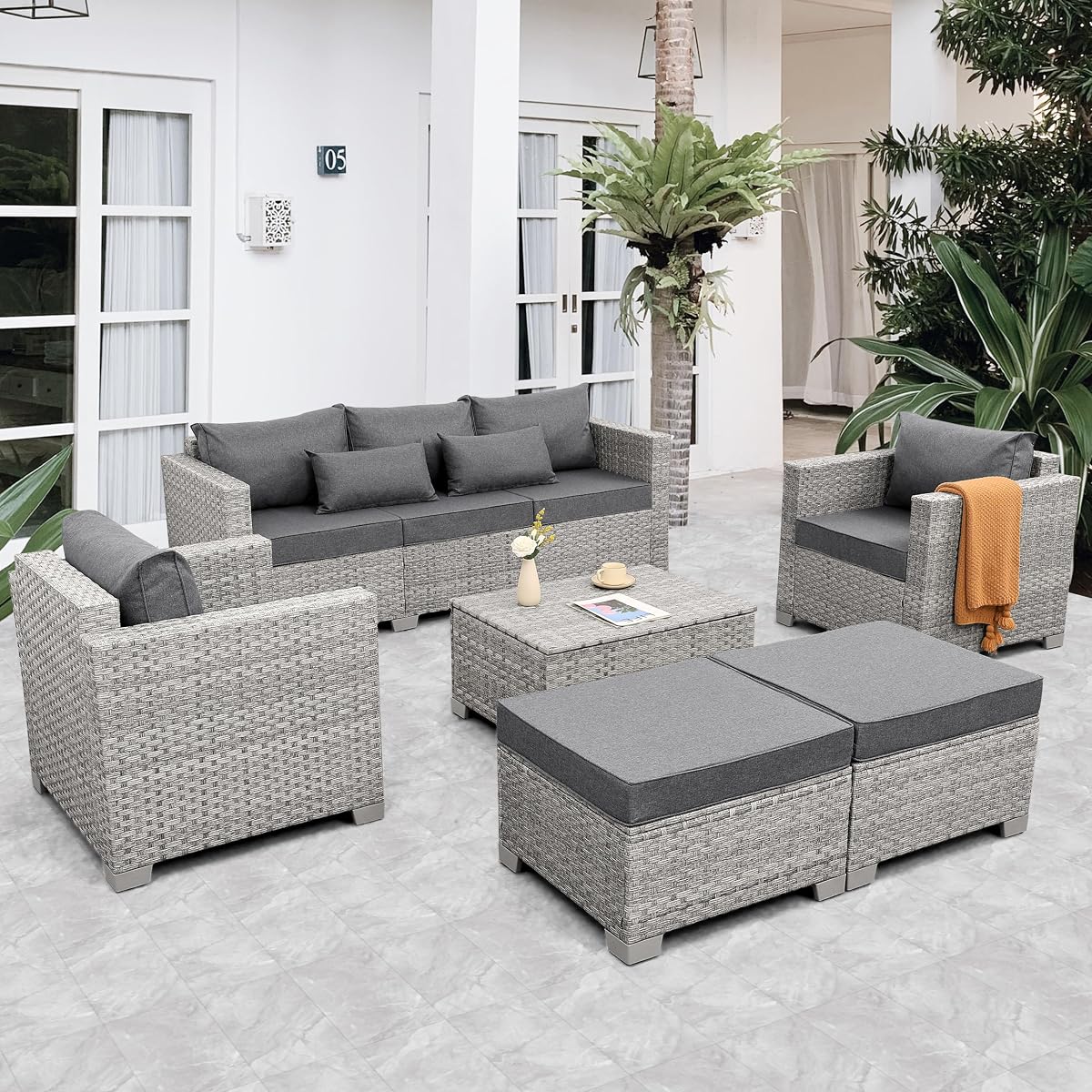 Patio Furniture Set 6 Piece PE Rattan Outdoor Conversation Sets Grey Wicker Couch Sectional Sofa with Storage Coffee Table and Grey Cushion