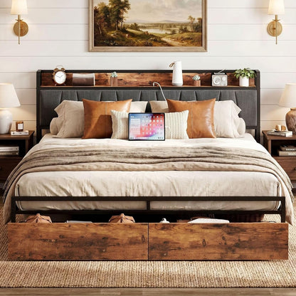 California King Size Bed Frame with 2 Drawers and Charging Station