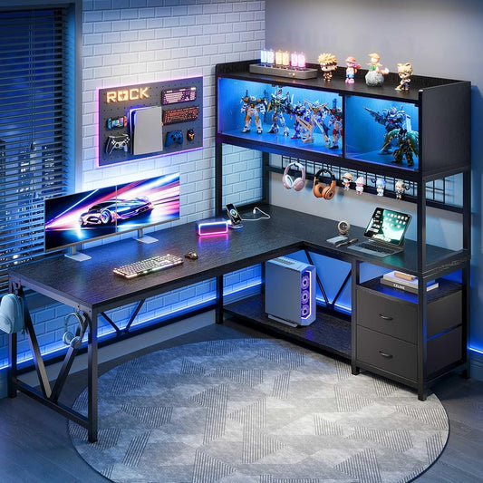 L Shaped Gaming Desk with Fabric Drawers and Power Outlet, Corner Computer Desk with LED-Lit Tempered Glass Display Cabinet, L Shaped Office Desk with Storage,PC Desk for Gaming and Home Office, Black
