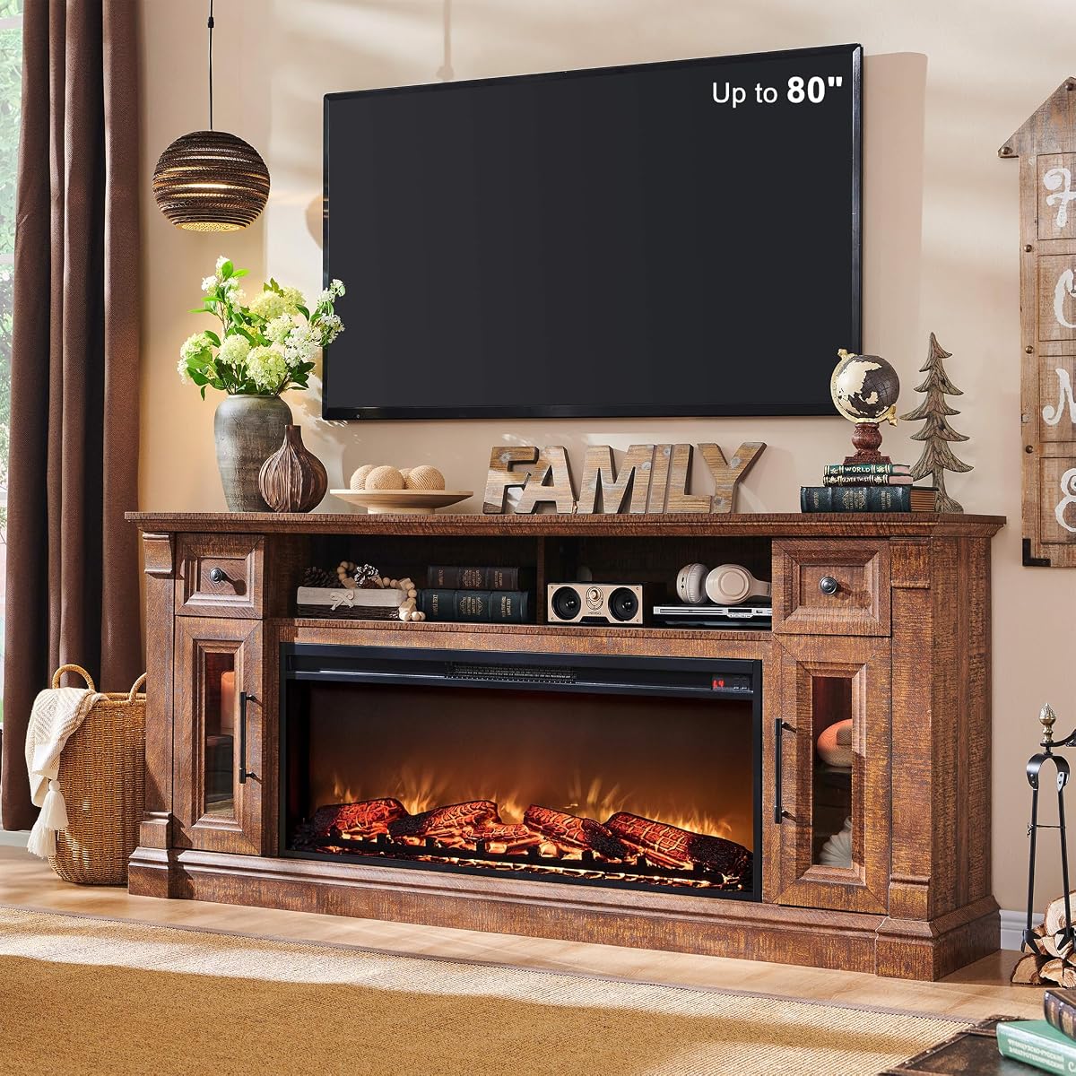 70" Farmhouse Fireplace TV Stand for TVs Up to 80", Reclaimed Barnwood | 42" Electric Fireplace, Color Changing Flame, 2 Open Cubbies, 2 Spacious Drawers, LED Glass Door Cabinets, Retro Handles
