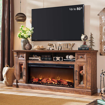 70" Farmhouse Fireplace TV Stand for TVs Up to 80", Reclaimed Barnwood | 42" Electric Fireplace, Color Changing Flame, 2 Open Cubbies, 2 Spacious Drawers, LED Glass Door Cabinets, Retro Handles