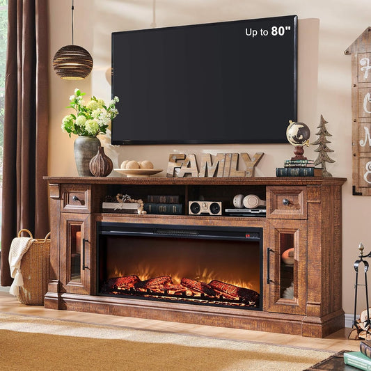 70" Farmhouse Fireplace TV Stand for TVs Up to 80", Reclaimed Barnwood | 42" Electric Fireplace, Color Changing Flame, 2 Open Cubbies, 2 Spacious Drawers, LED Glass Door Cabinets, Retro Handles