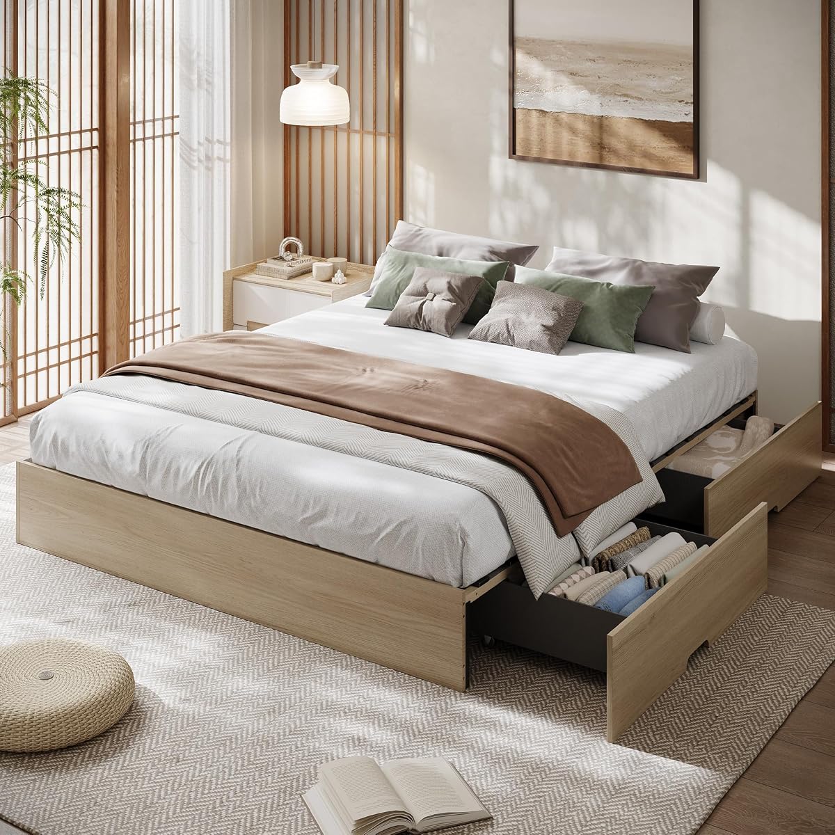 King Bed Frame with 2 Storage Drawers, Wood Platform Floor Bed Frame
