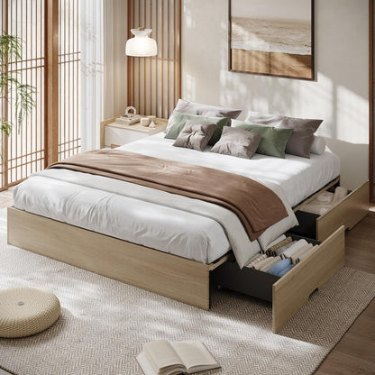 King Bed Frame with 2 Storage Drawers, Wood Platform Floor Bed Frame