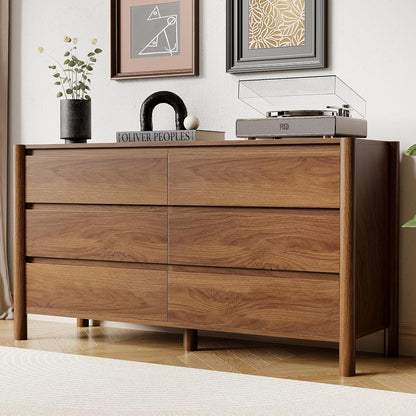 47" Wide 6-Drawer Dresser,Mid-Century Modern Chest with Solid Wood Legs, Concealed Handle,Large Wood Storage Organizer, Bedroom Storage,Walnut