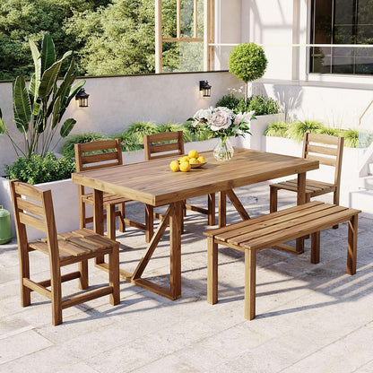 RUNNA 6 Piece Patio Dining Set, Acacia Wood, Indoor and Outdoor Furniture Sets for Backyard, Porch, Lawn, and Garden (Natural Wood@096)