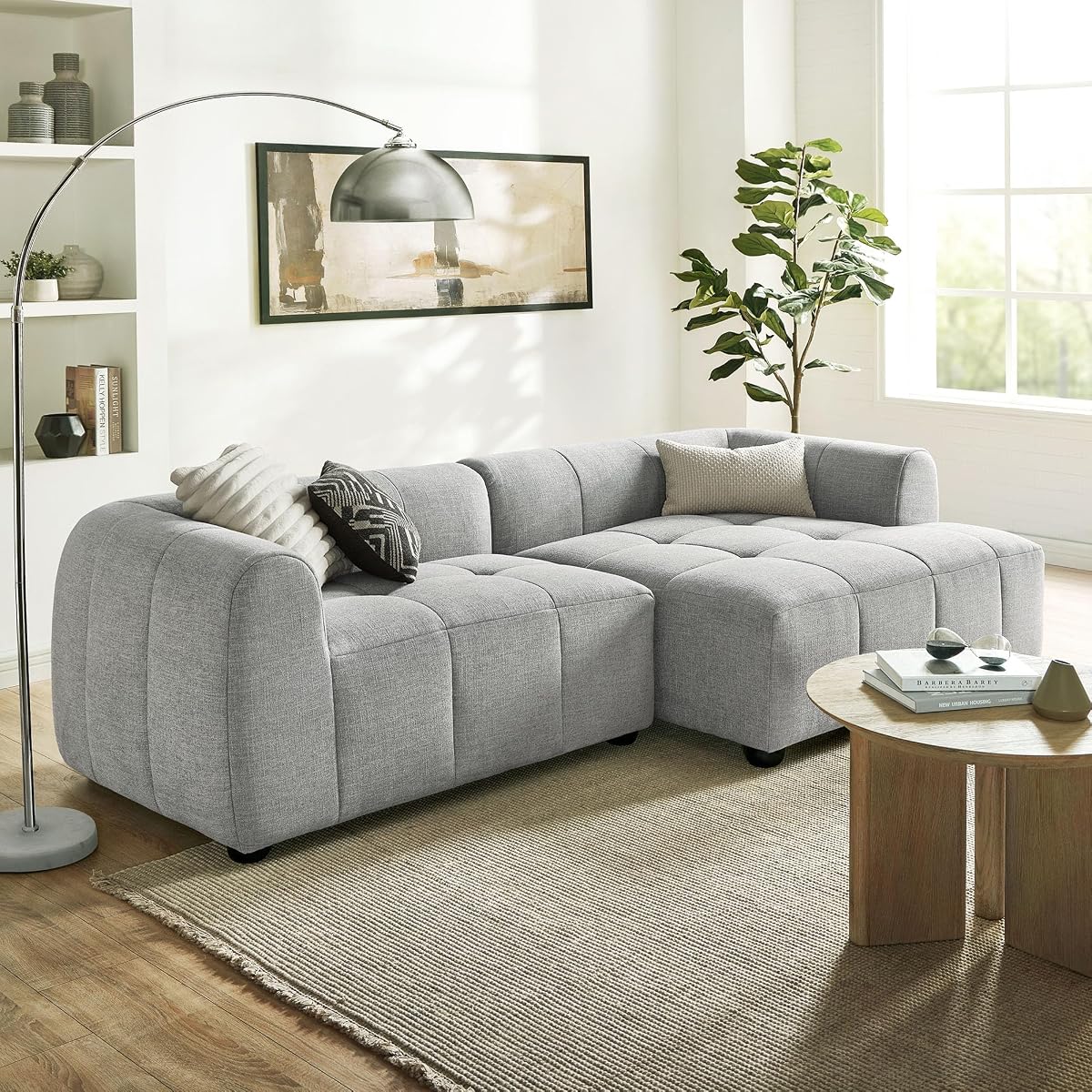Liana Right-Facing Modular Sofa with Chaise in Pewter - Modern Sectional Sofa Couch Furniture Set - Upholstered Fabric Chaise and Chair for Living Room, Lounge, Apartment
