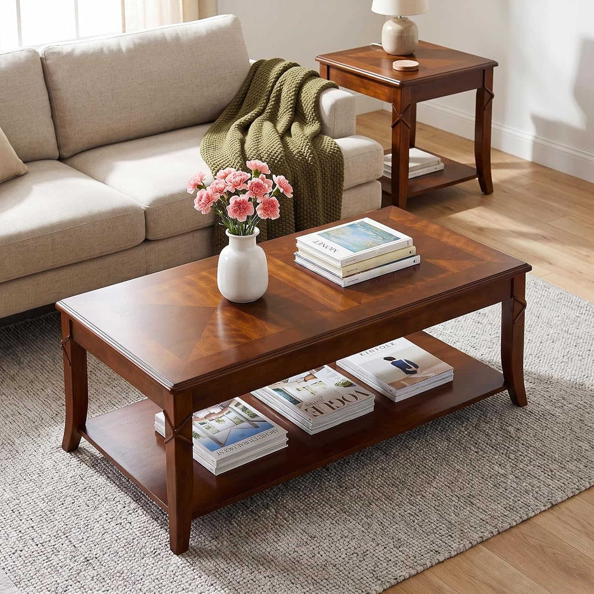 Solid Wood Coffee Table with Storage Shelf