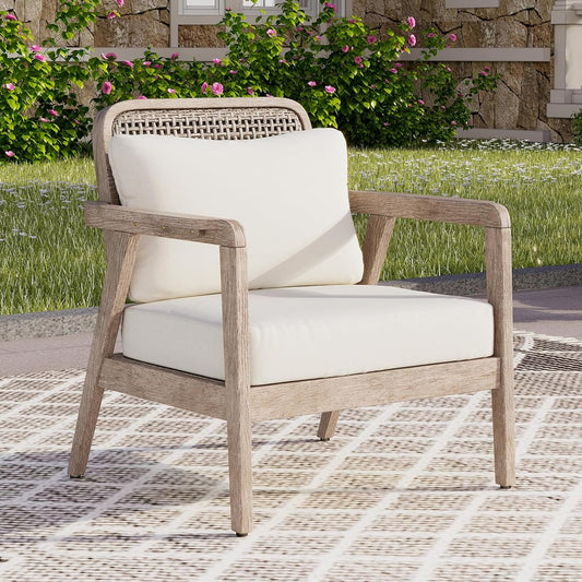 Light brown acacia wood outdoor club chair with cushion
