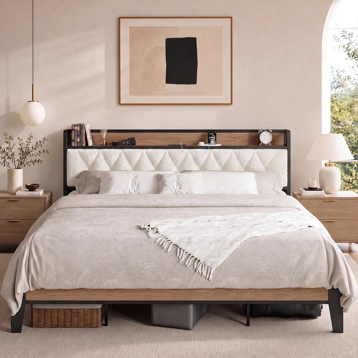 King Size Bed Frame with Headboard & Charging Station,Wood and Cream