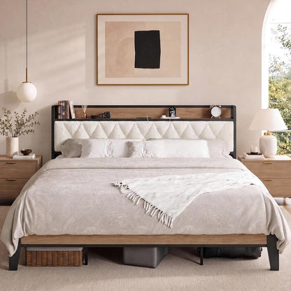 King Size Bed Frame with Headboard & Charging Station,Wood and Cream