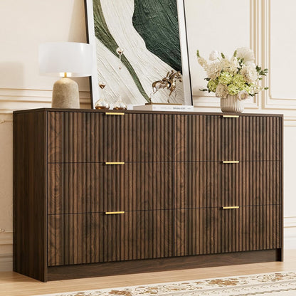 Walnut Dresser for Bedroom, Modern Dresser with 6 Drawers and Smooth Slides