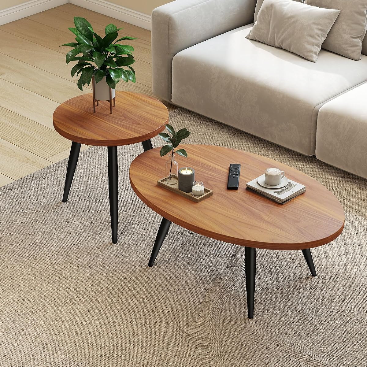 2-Piece Nesting Coffee Table Set, Oval & Round Mid-Century Modern Side Tables with MDF Tabletop & Metal Tapered Legs, Accent Table Set for Living Room, Small Spaces, Walnut