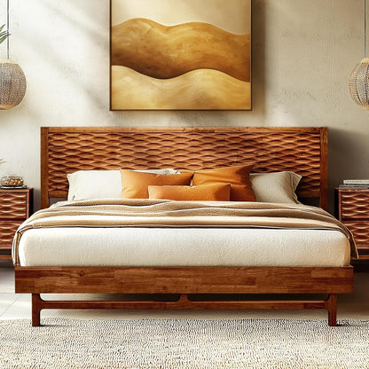 Acacia Wood Queen Bed Frame with Walnut Headboard