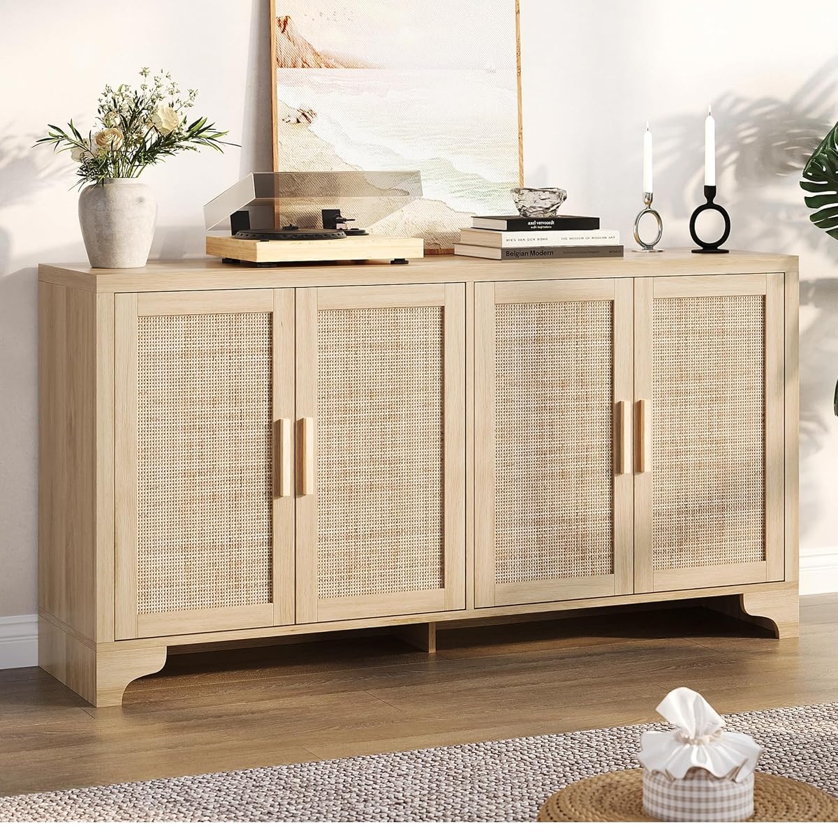 Natural Rattan Storage Cabinet with Shelves, 4-Door Sideboard Buffet Cabinet