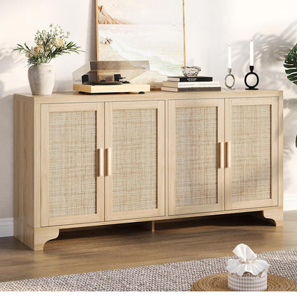 Natural Rattan Storage Cabinet with Shelves, 4-Door Sideboard Buffet Cabinet