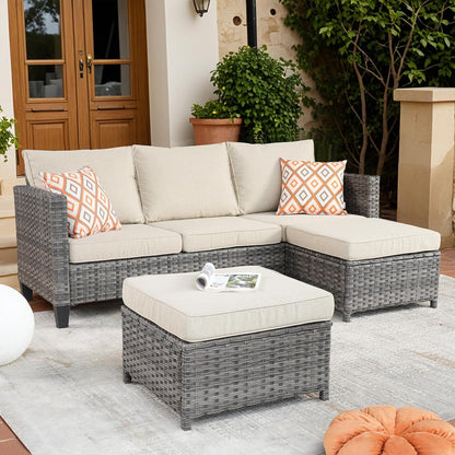 Patio Sofa 3 Pieces Patio Furniture Set Outdoor Wicker Sofa Couch with Ottomans Thick Cushions, All Weather Rattan Conversation Set for Porch Backyard Deck, Beige