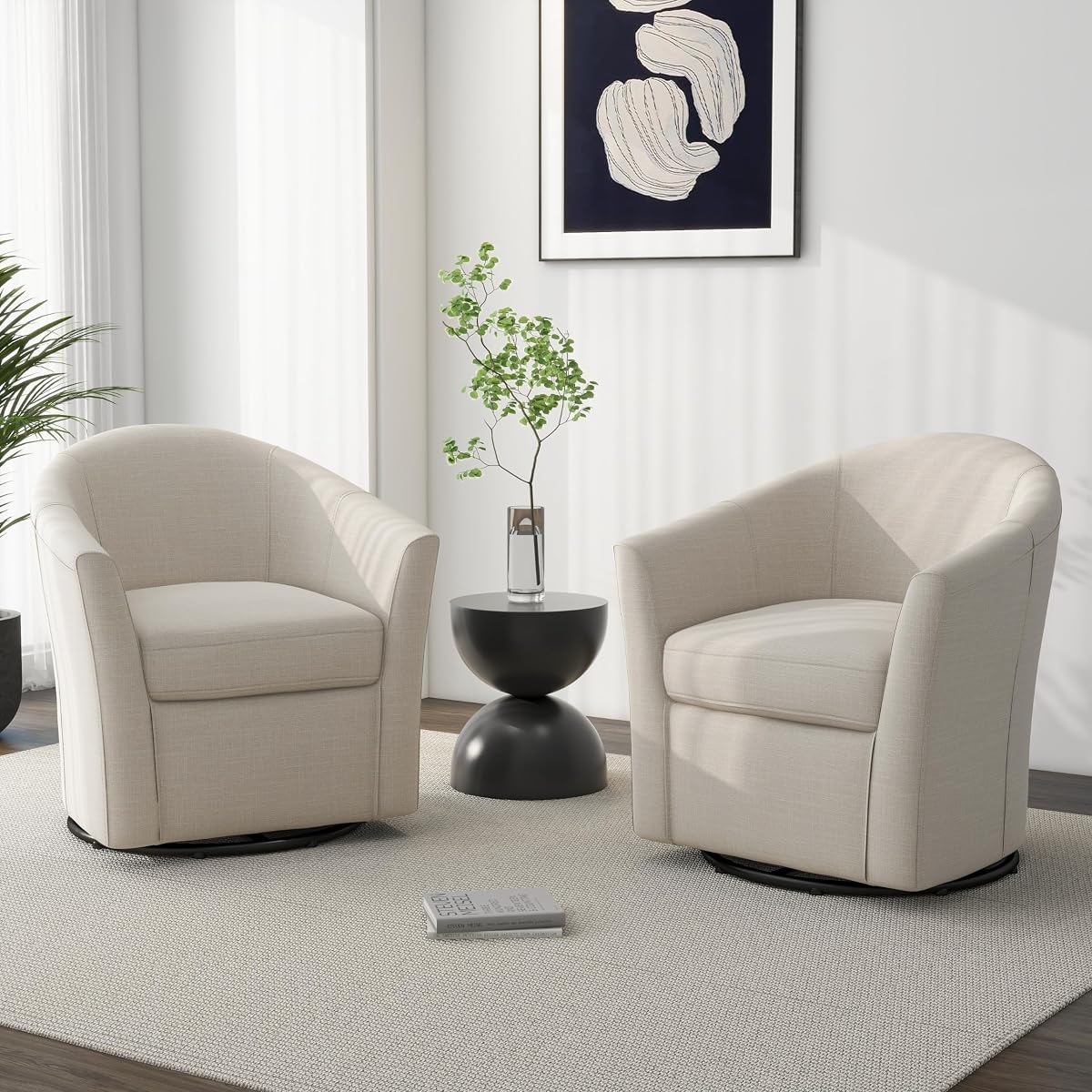 Swivel Accent Chair Armchair, Modern Round Single Sofa Seating Comfy Reading Barrel Chairs for Living Room Bedroom (Beige, Set of 2)