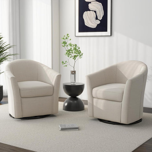 Swivel Accent Chair Armchair, Modern Round Single Sofa Seating Comfy Reading Barrel Chairs for Living Room Bedroom (Beige, Set of 2)