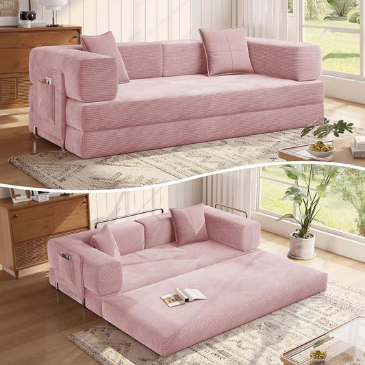 78.8'' Sleeper Couch Bed for Livingroom,Convertible Modular Sofa with Armrest Pillow,Modular Foldable Corduroy Couches in a Box,No Assembly (Pink)