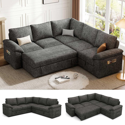 85 Inch Modular Sectional Sofa with Pull Out Bed,L Shaped 5 Seat Sectional Sleeper Sofa with Storage,Sectional Couches for Living Room,Cloud Modular Couch,Removable Sofa Cover, Dark Grey