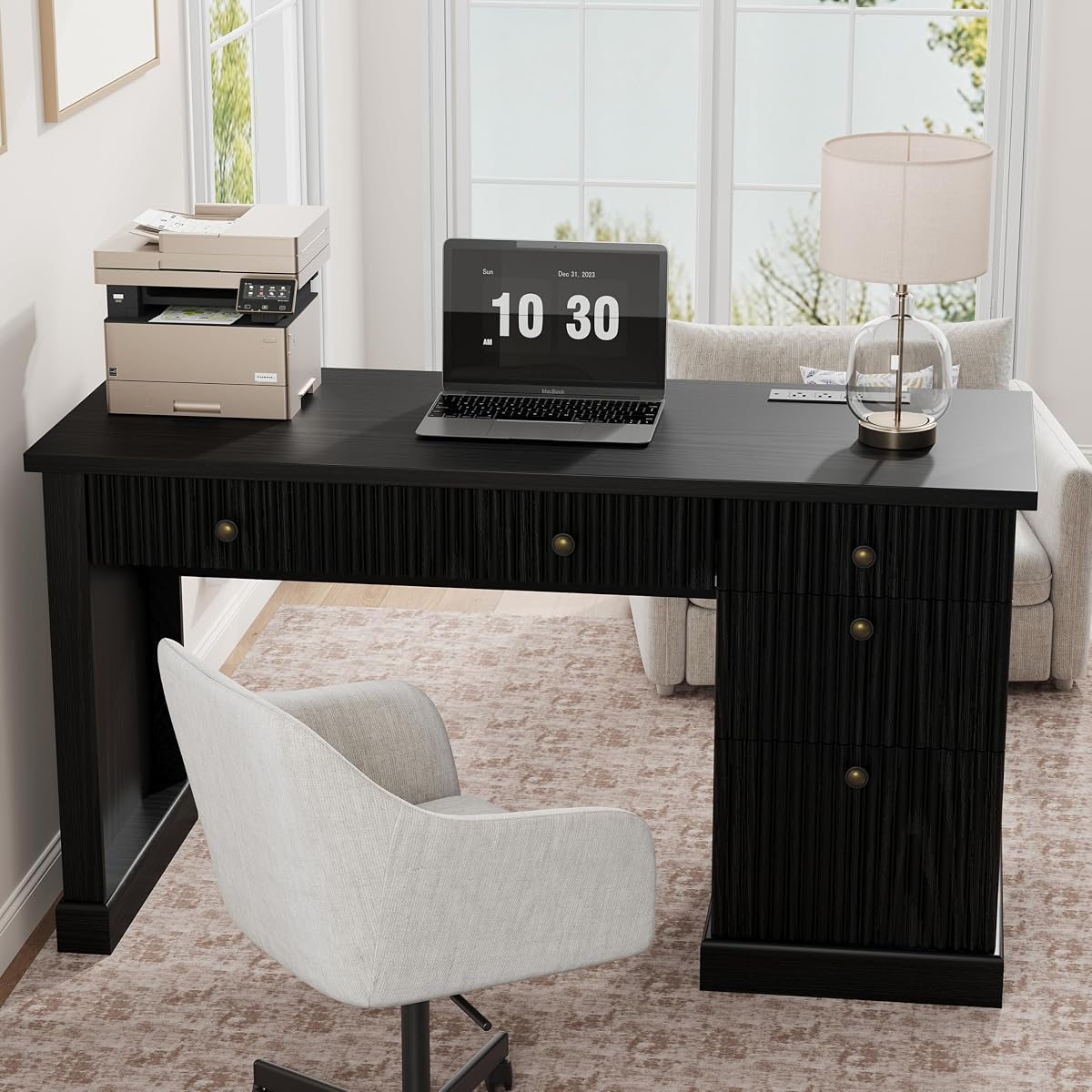 54" Fluted Home Office Desk with File Drawer for Home Office