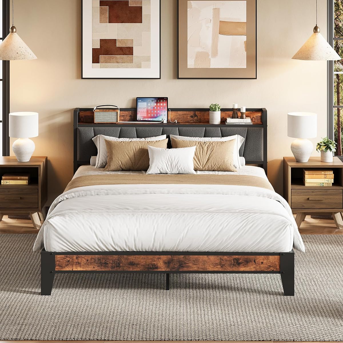Queen Bed Frame, Storage Headboard with Charging Station, Solid and Stable