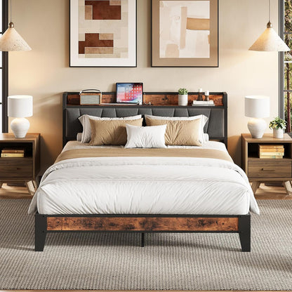 Queen Bed Frame, Storage Headboard with Charging Station, Solid and Stable