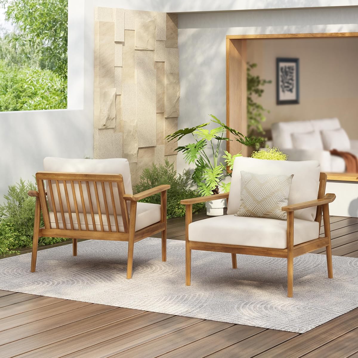 Batis Acacia Wood Lounge Chair Outdoor Set of 2, Wooden Patio Accent Chair Set, Comfy Reading Seat with Removable Cushion, Patio Furniture Set, Teak+Beige