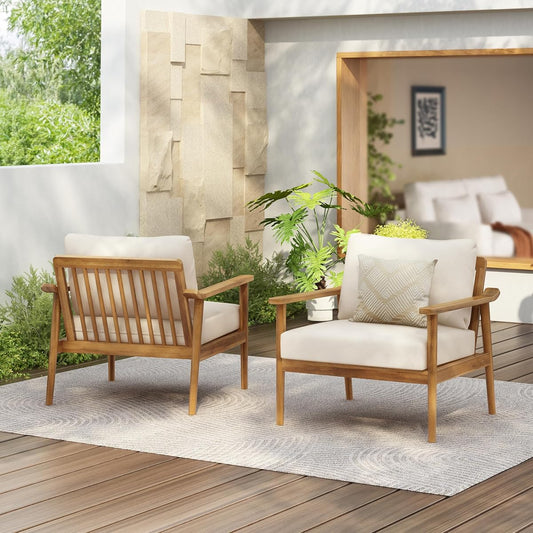 Batis Acacia Wood Lounge Chair Outdoor Set of 2, Wooden Patio Accent Chair Set, Comfy Reading Seat with Removable Cushion, Patio Furniture Set, Teak+Beige