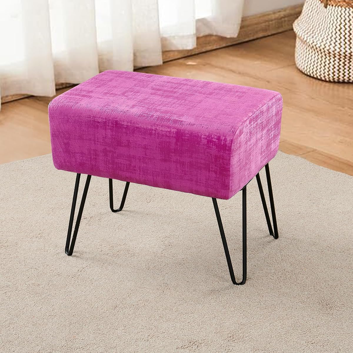 Raspberry Rose Fuzzy Velvet Ottoman, 19" Rectangular Foot Rest Stool for Living Room, Small Space Entryway Bench Shoes for Bedroom End of Bed, Decorative Makeup Stool for Adults