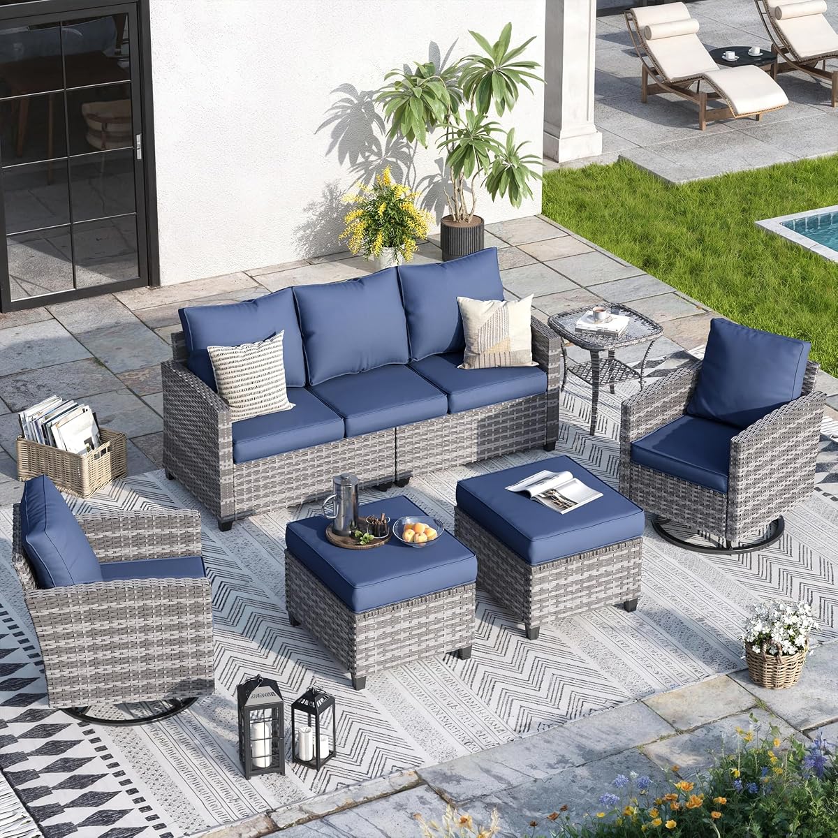 Patio Furniture Set, 6 Pcs Patio Outdoor Sectional, Wicker Outdoor Couch with Swivel Chair, Ottomans, Side Table, 4" Thick Cushion, for Garden Backyard Deck,Navy Blue