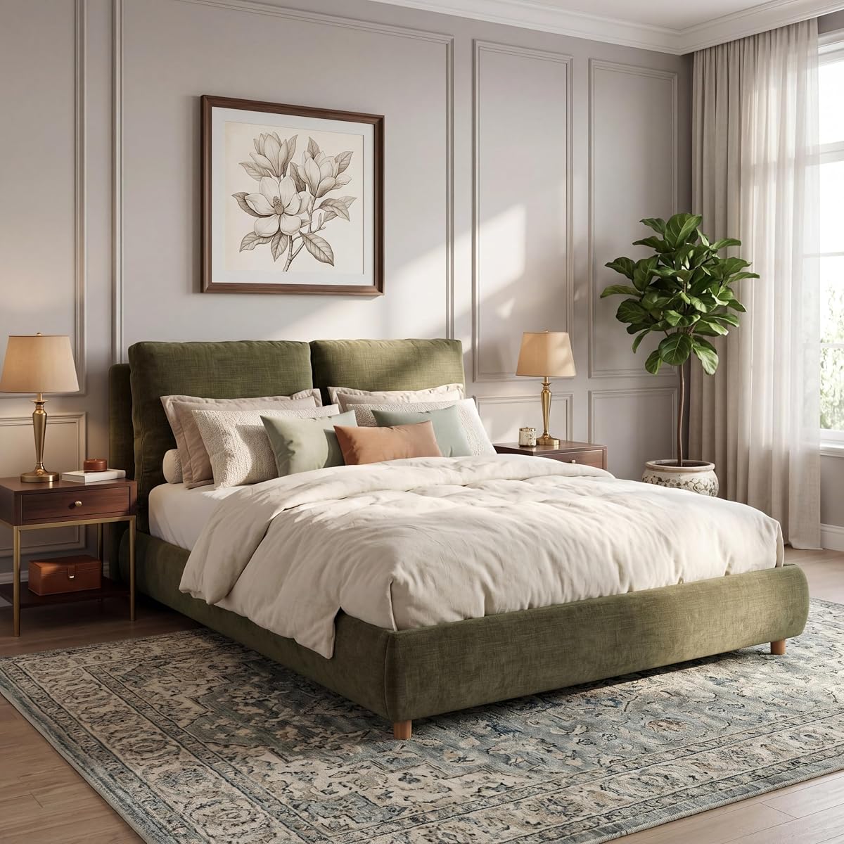 Queen Linen Blend Platform Bed with 2 Headboard Pillows, Olive Green