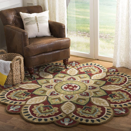 SAFAVIEH Novelty Collection Area Rug - 4' Round, Red & Taupe, Handmade Boho Floral Rustic Country Wool, Ideal for High Traffic Areas in Living Room, Bedroom (NOV604Q)