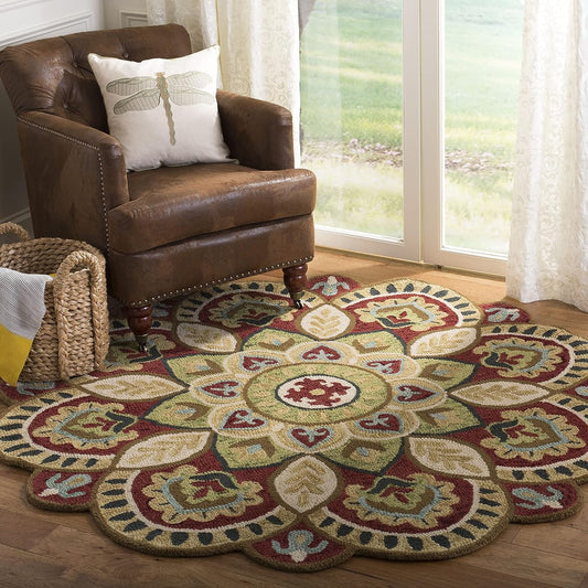 SAFAVIEH Novelty Collection Area Rug - 4' Round, Red & Taupe, Handmade Boho Floral Rustic Country Wool, Ideal for High Traffic Areas in Living Room, Bedroom (NOV604Q)