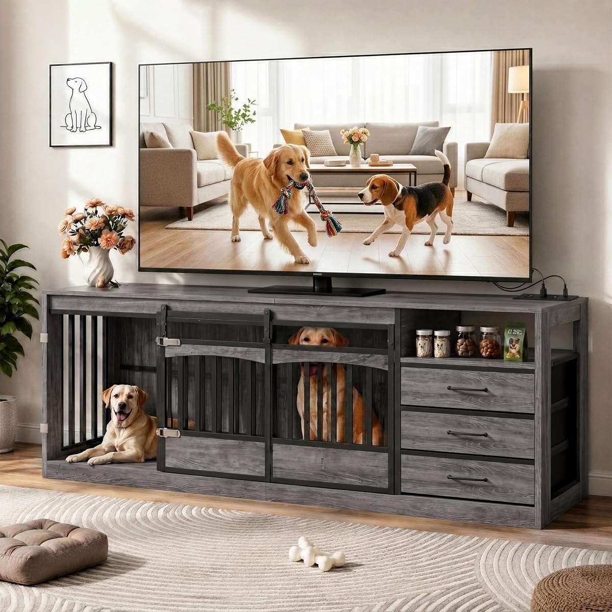 Dog Crate for 2 Large Dogs, Double Dog Crate Furniture 68.9" Grey