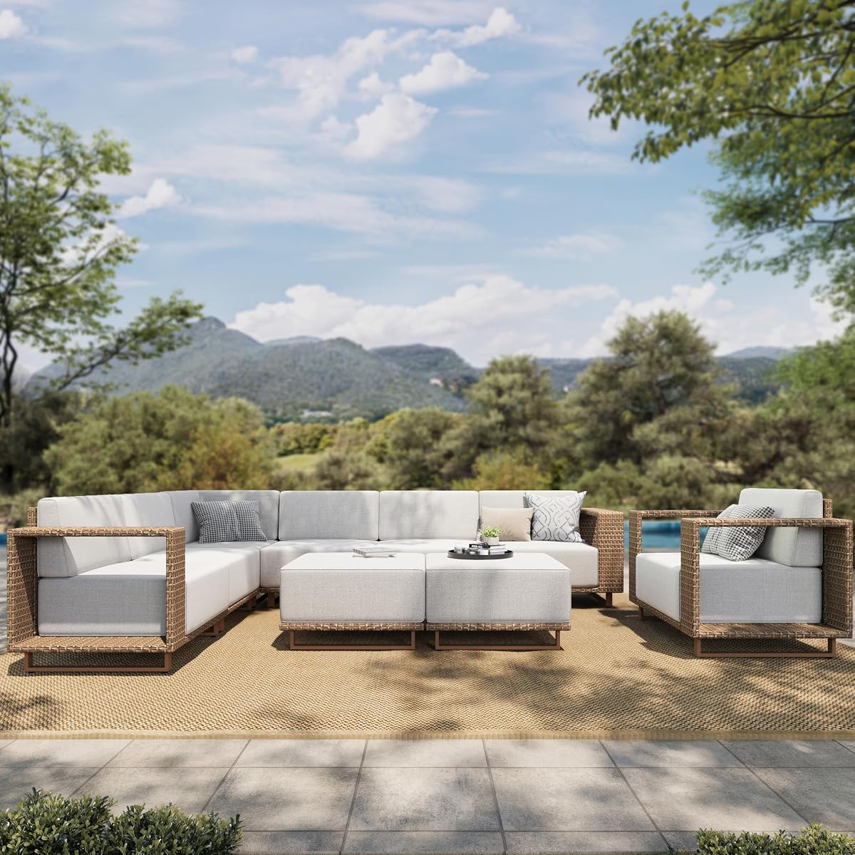 9-Piece Patio Sectional Furniture Set with 10" Thick Cushions