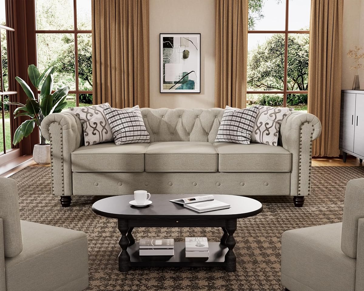 Classic Chesterfield Sofa Set 82'', Tufted Sofa for Couch Set with Solid Wood Legs Thick Cushion, Pet-Friendly Deep Seat Sofas Couches for Living Room Bedroom Apartment - Linen Beige
